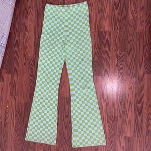 Light Blue & Lime Green Checkered High-Waisted Flare Pants